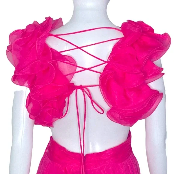 NWT Mac Duggal 67911 Hot Pink Ruffle Tied Cut-Out Chiffon Gown - Sz 10 - Picture 7 of 10